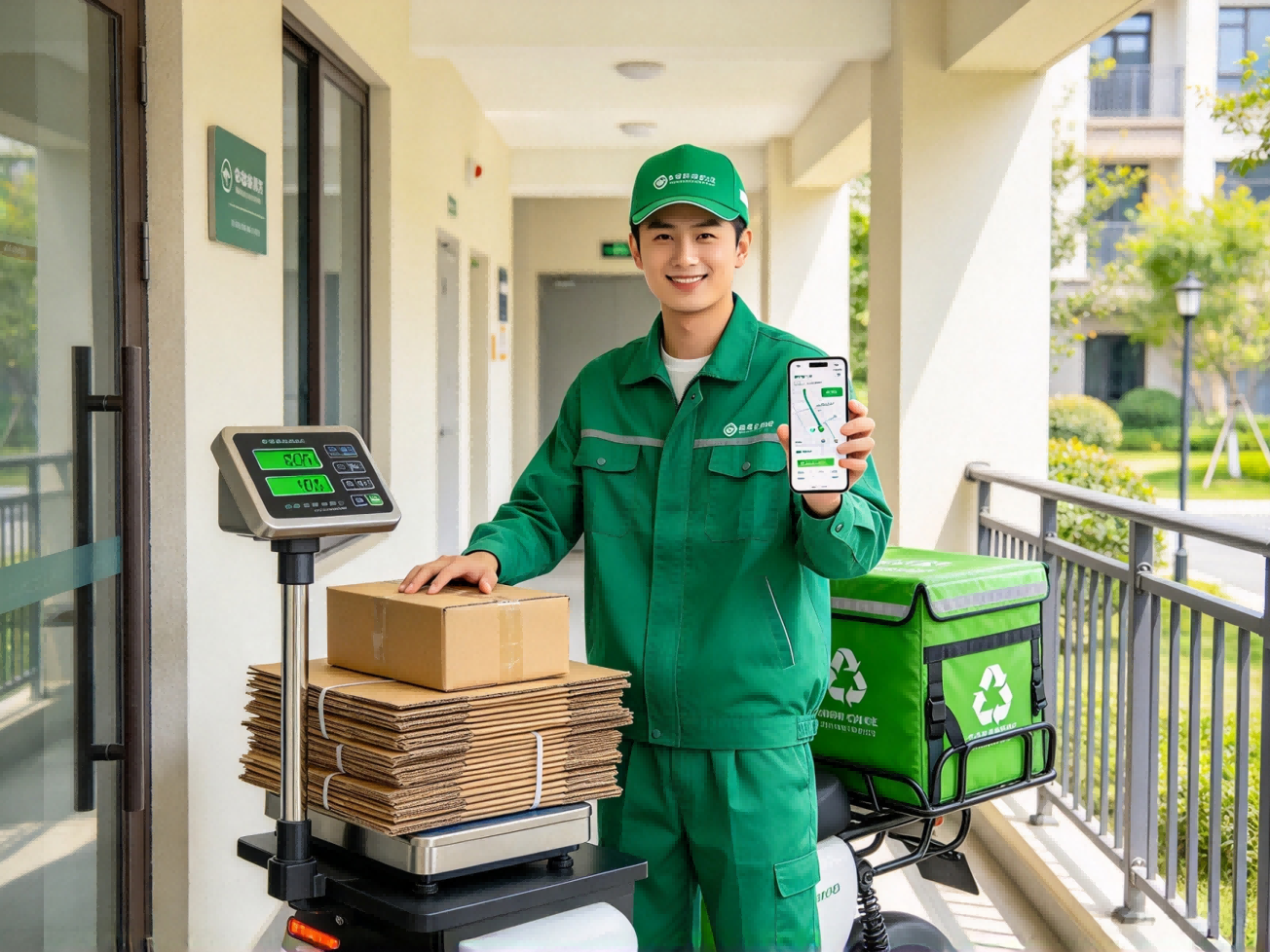 块回收骑手上门回收废品，现场使用电子秤称重计价
