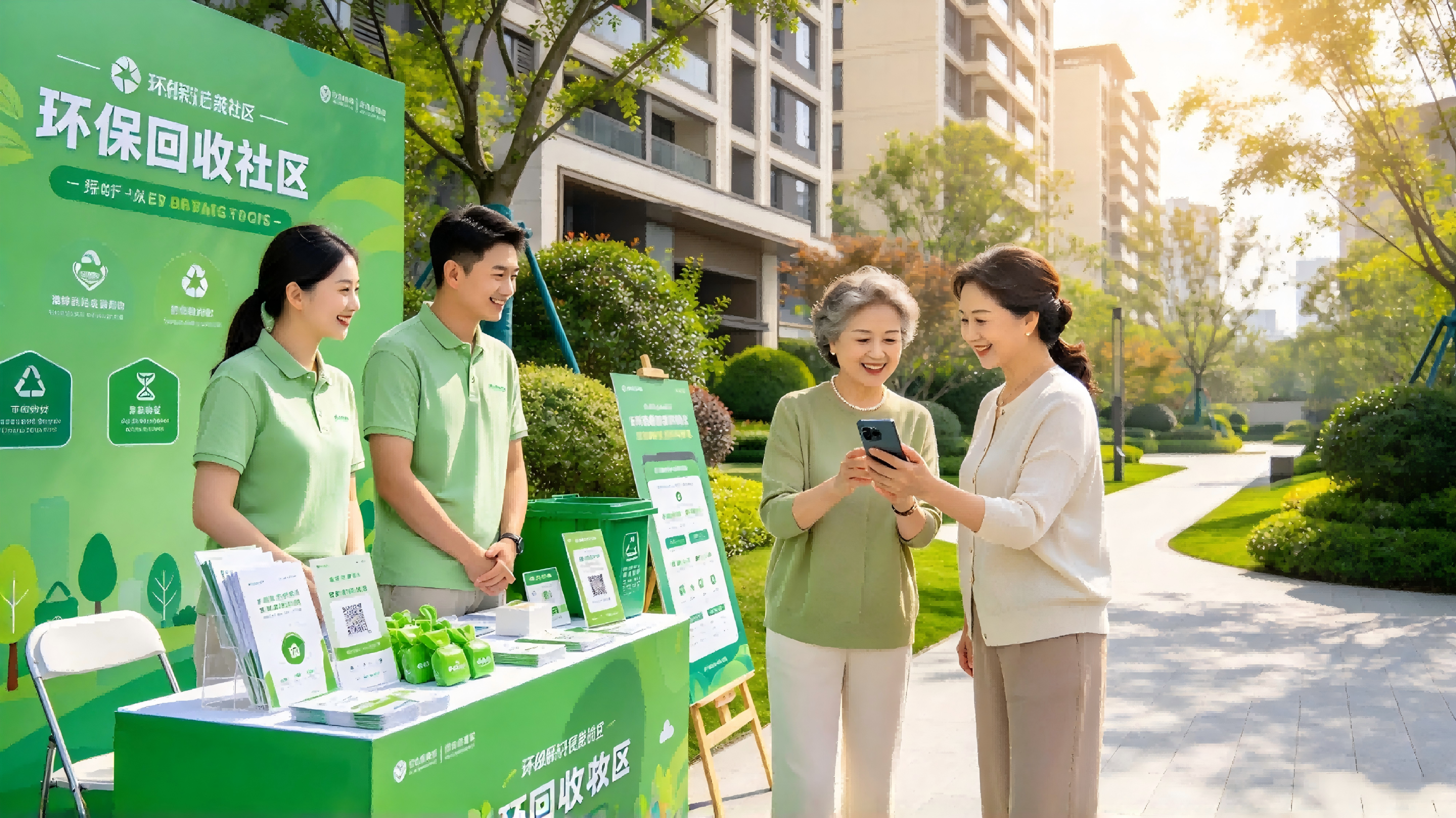 块回收城市合伙人在社区开展环保回收地推活动，向居民讲解上门回收与加盟合作