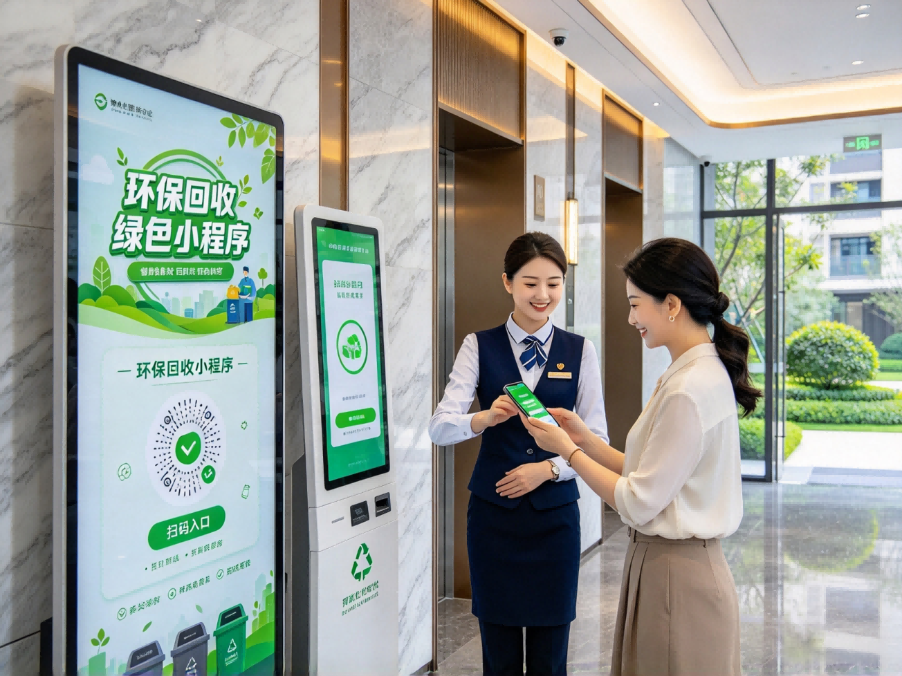 厦门思明某商品房小区物业大厅投放废品回收宣传屏与扫码入口，物业人员引导居民使用小程序