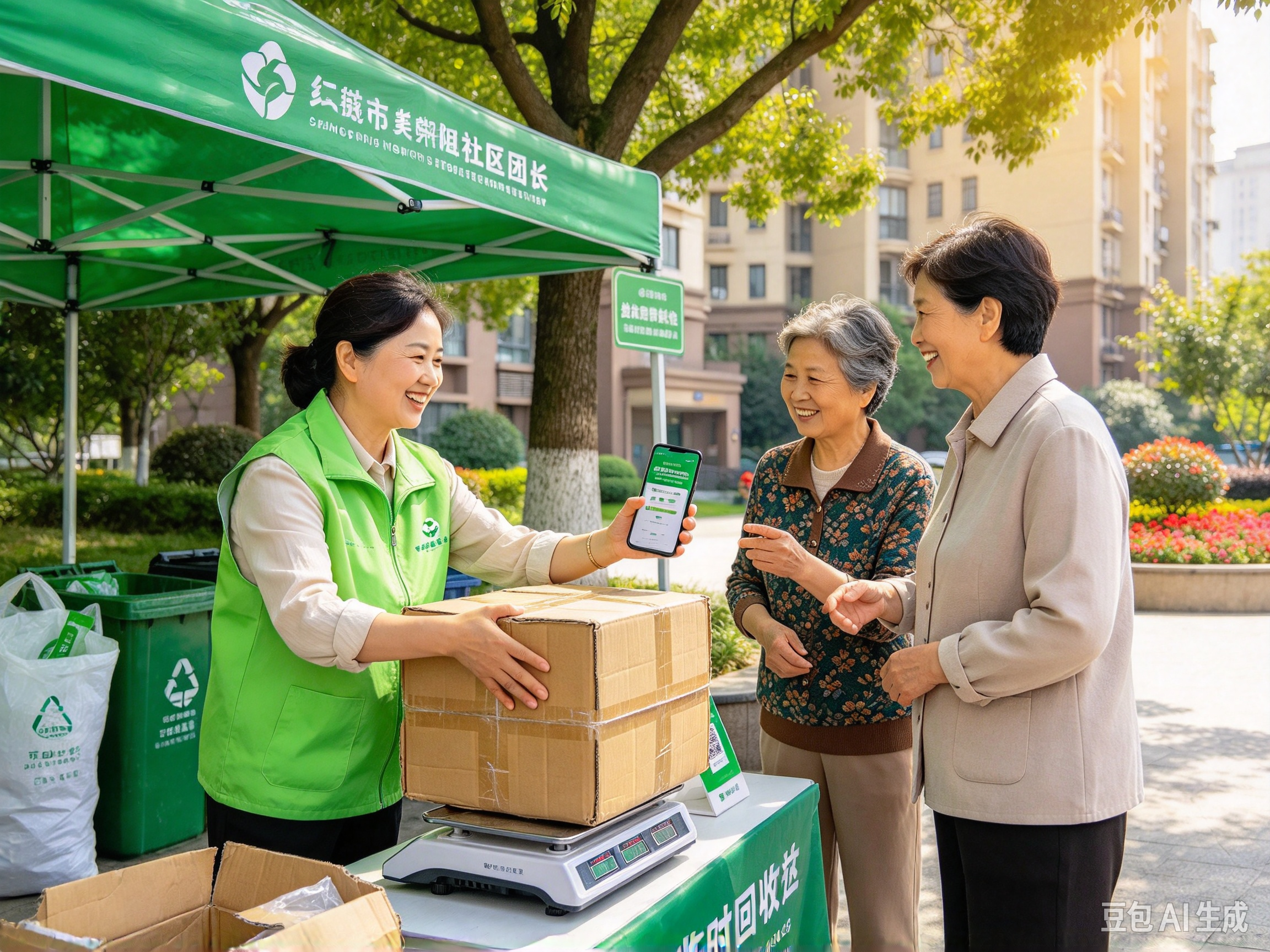 厦门湖里某安置小区团长搭棚地推，现场为居民纸箱称重并讲解废品回收上门服务