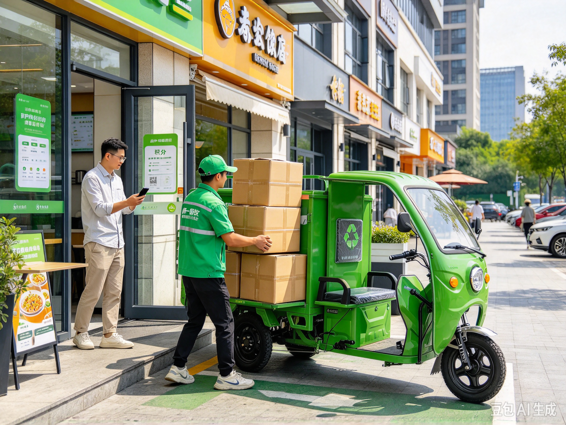 厦门集美商业街区骑手驾驶回收三轮车上门回收商户纸箱废品，完成上门打包清运